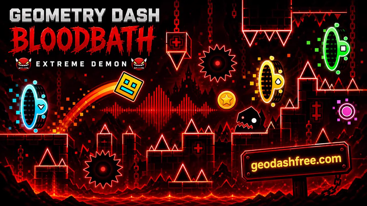 Geometry Dash Bloodbath extreme demon level with red spikes and portals