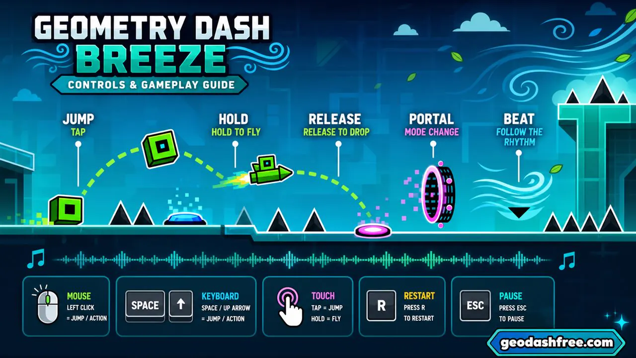 Geometry Dash Breeze controls with jump hold release portal and beat timing