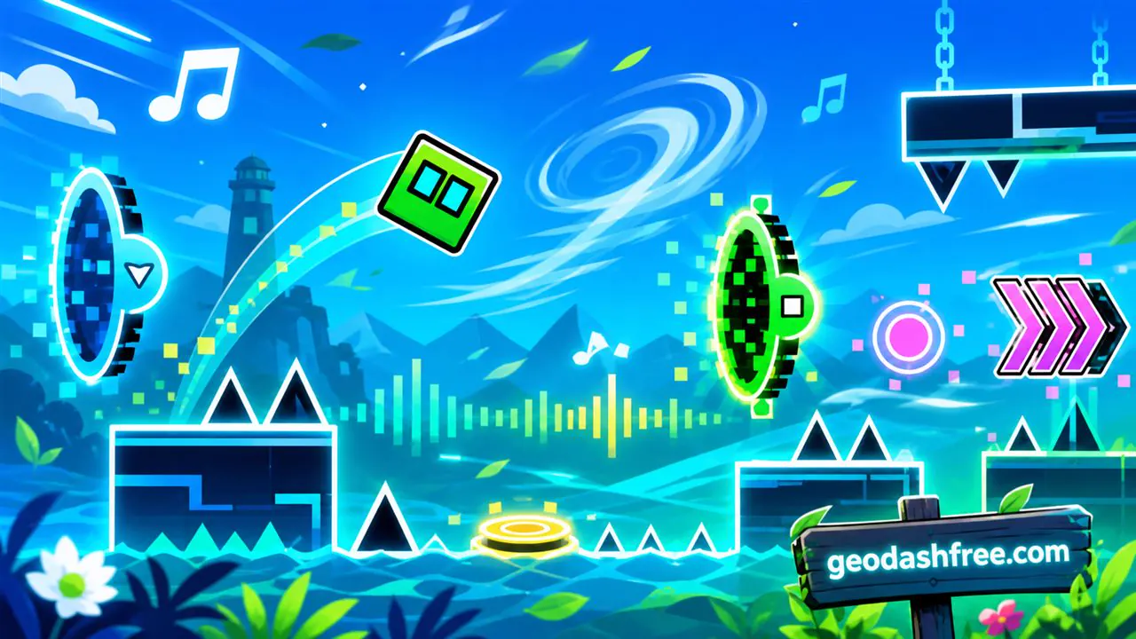 Green cube jumping through windy portals in Geometry Dash Breeze