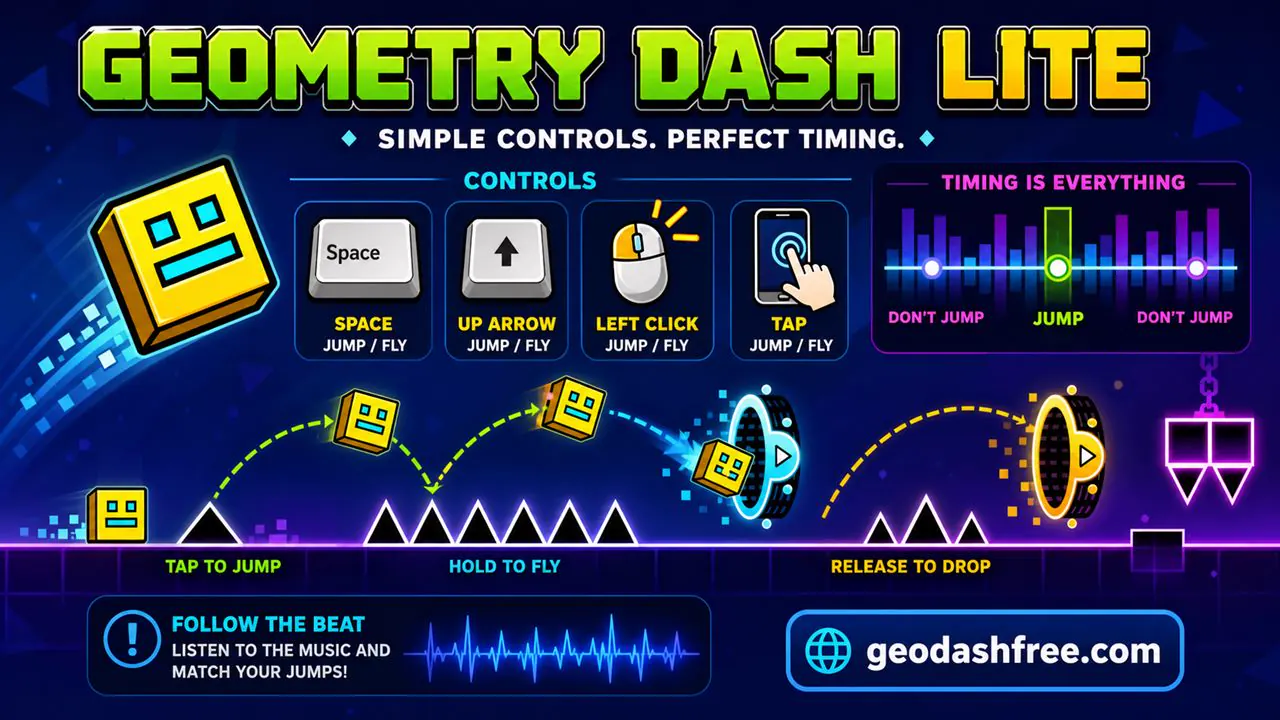 Geometry Dash Lite controls showing keyboard mouse and mobile tap