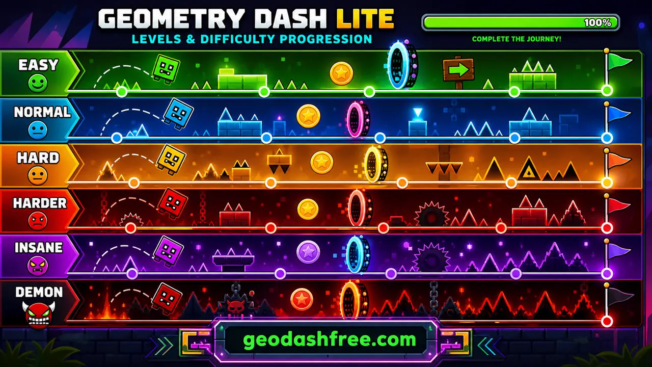 Geometry Dash Lite level paths from Easy to Demon difficulty