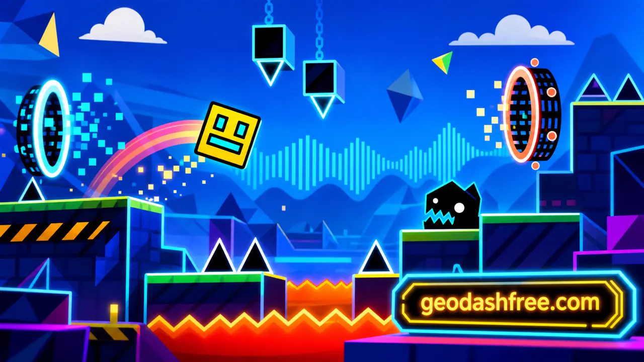Cube jumping through spikes and portals in Geometry Dash Lite