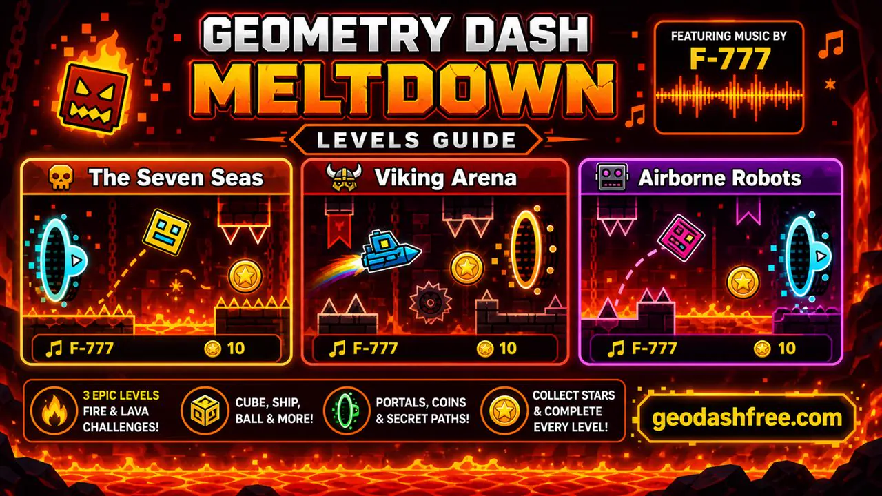 Geometry Dash Meltdown levels The Seven Seas Viking Arena and Airborne Robots