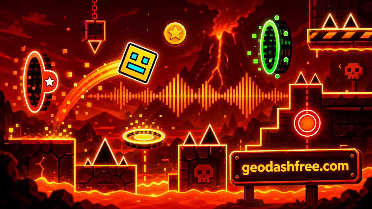Cube jumping over lava spikes in Geometry Dash Meltdown