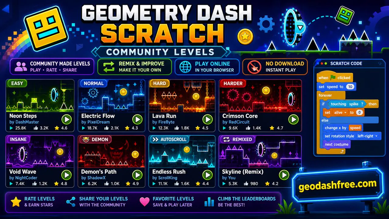Geometry Dash Scratch community levels with remix and play online options
