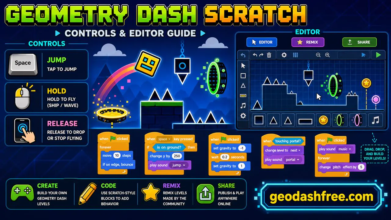 Geometry Dash Scratch controls and editor guide with keyboard mouse and mobile tap