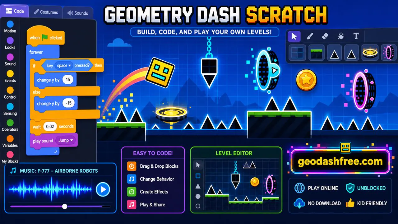 Geometry Dash Scratch level editor with cube spikes and coding blocks