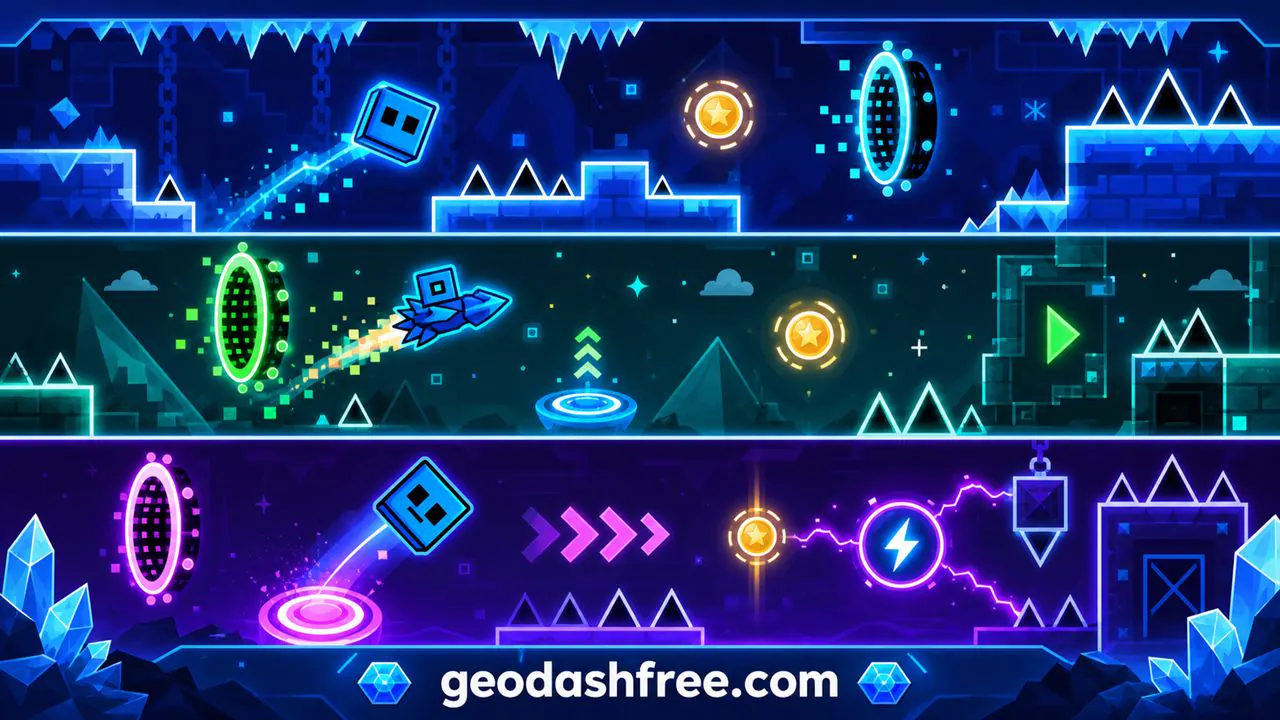 Geometry Dash SubZero levels guide with portals coins and icy spikes