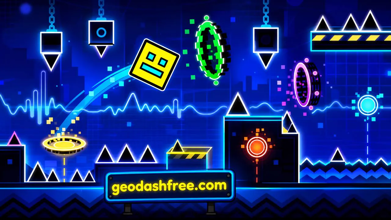 Cube jumping through spikes and portals in Geometry Dash