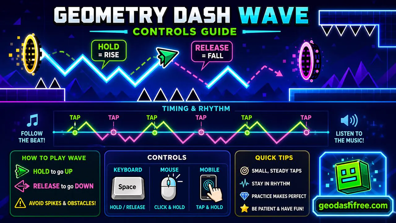 Geometry Dash Wave controls showing hold release keyboard mouse and mobile tap